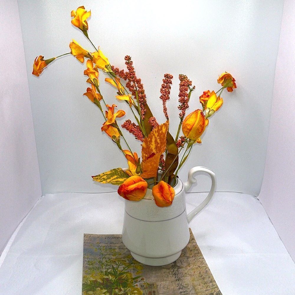 Farmhouse White Creamer Silver Horizontal Stripe Floral Accents Faux Flowers